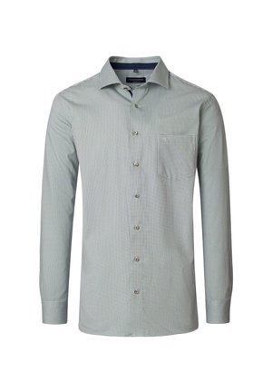 Herren Langarm-Hemd mit kleinen blauen geometrischen Mustern, Brusttasche und klassischem Kragen auf weißem Hintergrund.