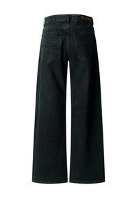 Vaqueros anchos de pierna negra mostrados desde atrás con dos bolsillos traseros y una etiqueta de cuero de la marca en la cintura.