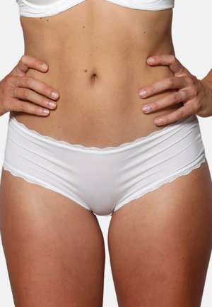 White cotton boyshort underwear with a lace trim. The waistband sits mid-rise, and the fabric is soft with a smooth texture.