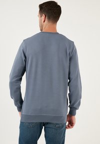 Felpa in cotone di colore blu medio, con maniche lunghe, scollo rotondo e orlo a costine. Design semplice con texture e dettagli minimi.