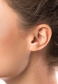 Conjunto de pendientes de oro en una oreja perforada. Diseño liso y redondo con un acabado brillante. Primer plano que muestra la textura de la piel y detalles de la oreja.