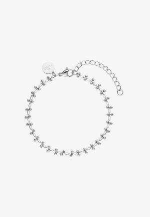 Silberne Kettenarmband mit gleichmäßig verteilten kugelförmigen Akzenten entlang der Kette, ausgestattet mit einem Karabinerverschluss und einer verstellbaren Verlängerungskette.