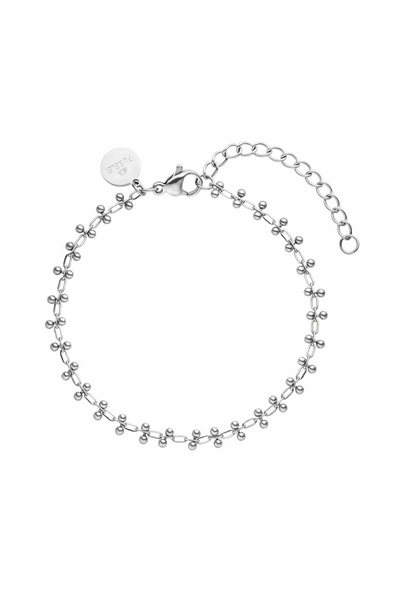 Silberne Kettenarmband mit gleichmäßig verteilten kugelförmigen Akzenten entlang der Kette, ausgestattet mit einem Karabinerverschluss und einer verstellbaren Verlängerungskette.