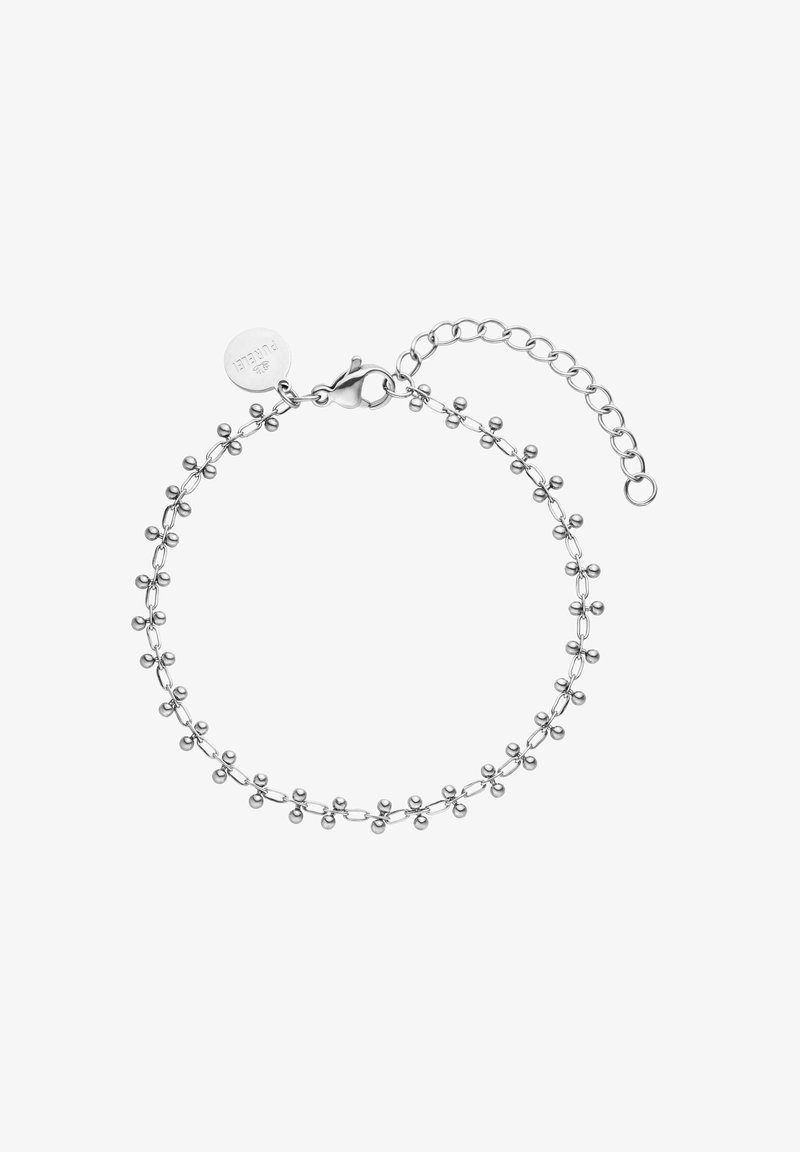 Silberne Kettenarmband mit gleichmäßig verteilten kugelförmigen Akzenten entlang der Kette, ausgestattet mit einem Karabinerverschluss und einer verstellbaren Verlängerungskette.