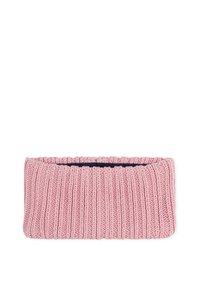 Un bandeau en tricot de couleur rose doux, avec une texture côtelée. L'intérieur est doublé d'un tissu bleu marine foncé pour le contraste.