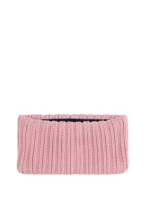 Fascia in maglia di un delicato rosa, caratterizzata da una texture a coste. L'interno è foderato con un tessuto di un blu navy scuro per creare un contrasto.