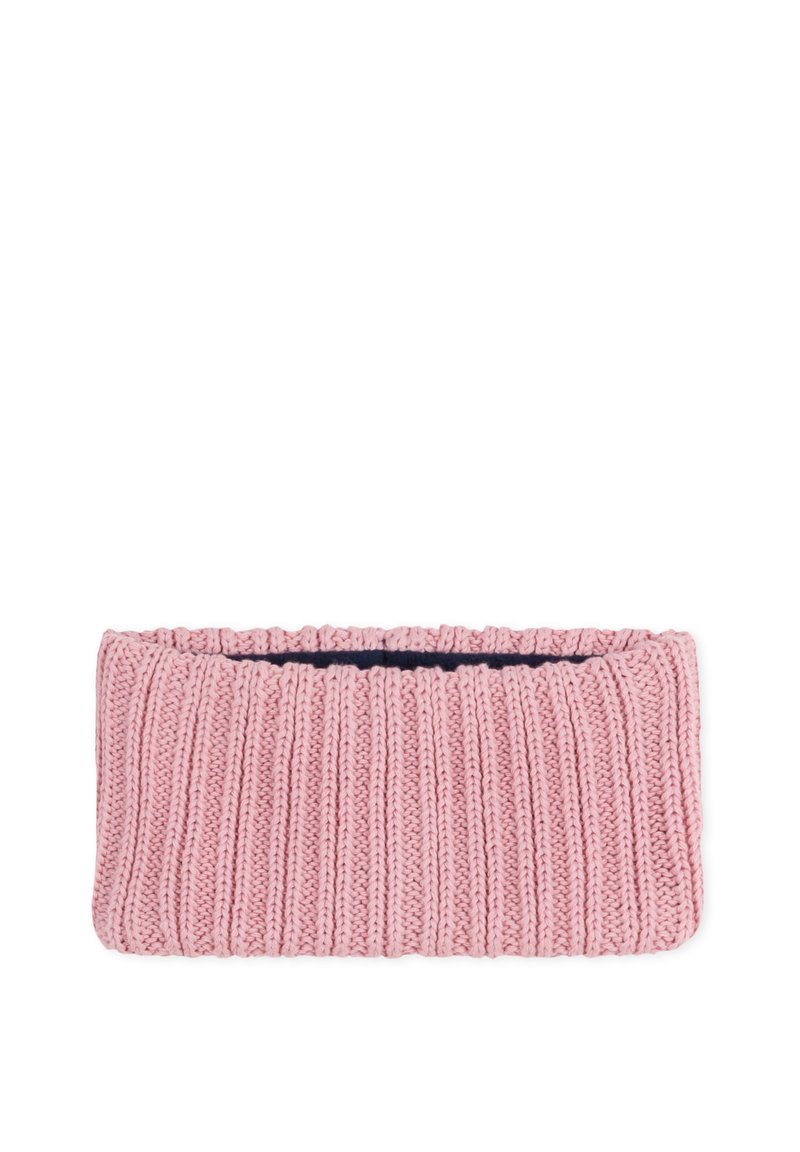 Un bandeau en tricot de couleur rose doux, avec une texture côtelée. L'intérieur est doublé d'un tissu bleu marine foncé pour le contraste.