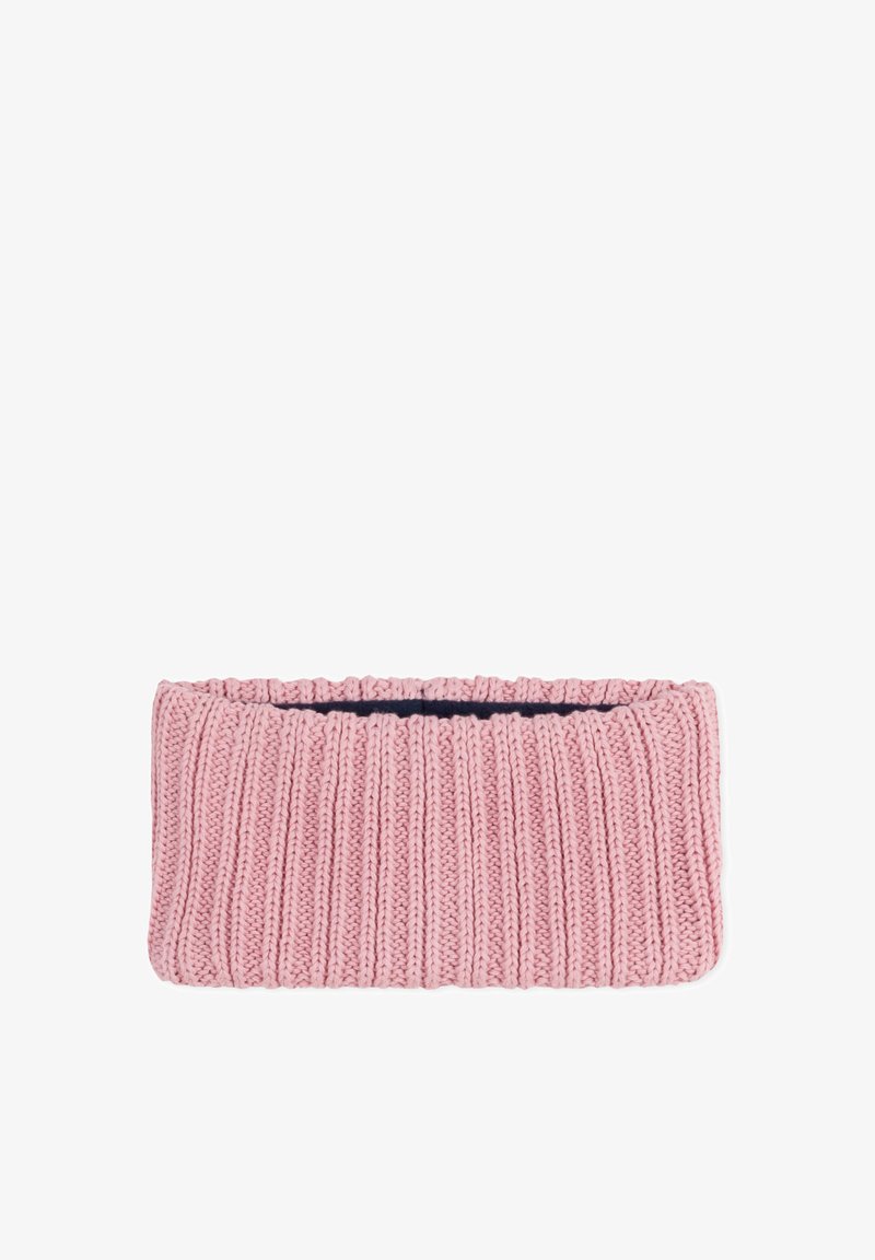 Fascia in maglia di un delicato rosa, caratterizzata da una texture a coste. L'interno è foderato con un tessuto di un blu navy scuro per creare un contrasto.