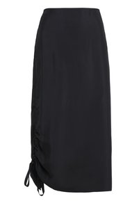 Svart kjol i slätt tyg, med medellång design, som har rynkningar på sidan med snörningar för justerbar passform. Inga synliga mönster eller detaljer.