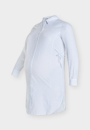 Ljusblå och vitrandig mammatröja med långa ärmar, knappar fram och justerbara sidosnören. Mjuk tyg och avslappnad passform.