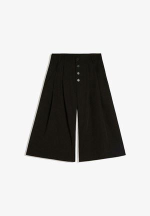 Black wide-leg cropped pants with pleats, high waist, side pockets, belt loops, and a front button closure with five buttons.
