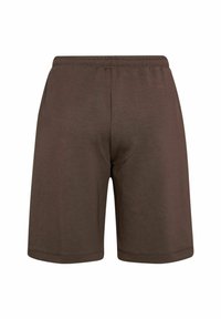 Pantaloni corti in cotone marrone con una vestibilità comoda, dotati di una vita elastica e di un colore uniforme, senza motivi visibili o dettagli in metallo.