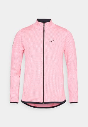 Jaqueta de ciclismo rosa de mangas compridas com um padrão texturizado, fecho frontal e detalhes pretos na barra e na gola; logótipo no peito.