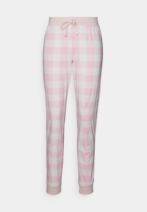 Pantalons de pyjama à carreaux roses et blancs avec une taille à cordon de serrage et des poignets élastiques. Fabriqué en tissu doux avec une texture lisse.