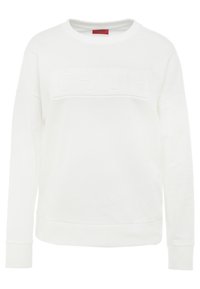 Sudadera blanca hecha de material suave, con un diseño de logo en relieve en el frente, puños acanalados y un cuello redondeado.