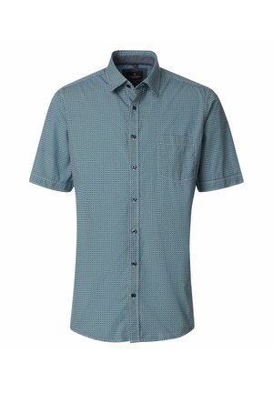 Niebieska koszula z krótkim rękawem z małym geometrycznym wzorem, zapinana na guziki z przodu, z kieszenią na piersi.