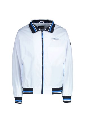 Witte bomberjack met een marineblauwe en lichtblauwe gestreepte kraag en manchetten, ritssluiting en een borstzak aan de linkerzijde met het merklogo.