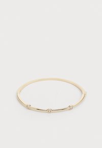 Gold-tone metal bangle bracelet featuring three small clear faceted stones, round shape, smooth texture, and minimalistic design.
