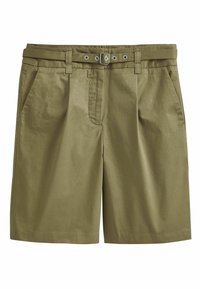 Shorts couleur kaki en mélange de coton doux, longueur mi-cuisse, passants pour ceinture, et deux poches latérales ; présentent un devant plat et une coupe classique.