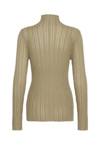 Lysebrunt ribbet striktrøje med lange ærmer og høj mock neck, vist fra bagsiden på en hvid baggrund.