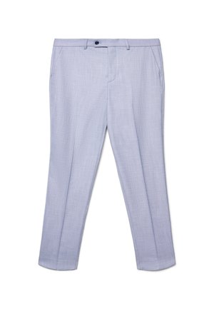 Pantalon bleu clair ajusté avec une texture subtile, design à jambe droite, poches avant et fermeture à un bouton à la taille.