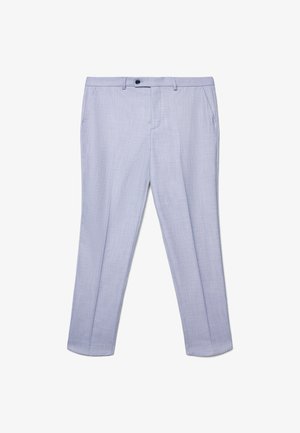 Pantalon bleu clair ajusté avec une texture subtile, design à jambe droite, poches avant et fermeture à un bouton à la taille.
