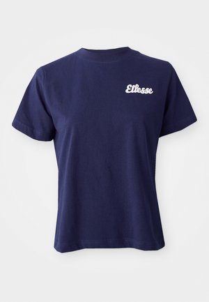 T-shirt en coton bleu marine à manches courtes, col rond, avec le logo "Ellesse" brodé en blanc sur la partie gauche de la poitrine.