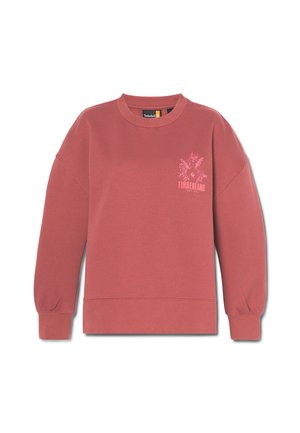 Pusero, jonka väri on ruosteinen, pyöreällä kaula-aukolla, erkanevilla hihoilla ja ribbatut hihansuut. Edessä on vaaleanpunainen kukkakuosisella Timberland-tekstillä varustettu logo.