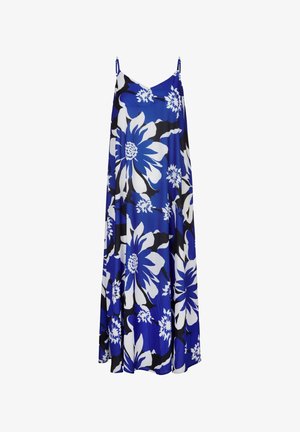 Blauwe bloemen jurk zonder mouwen met een relaxte pasvorm. Heeft grote witte en zwarte bloemen, een vloeiende stijl en verstelbare bandjes.