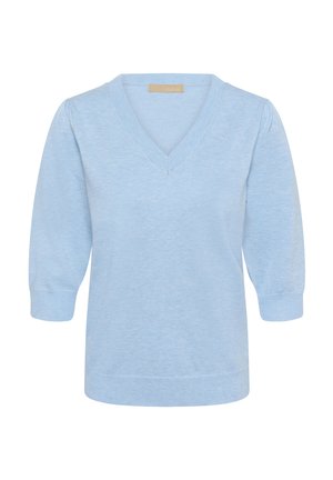 Lichtblauwe, gebreide trui met een V-hals, driekwartpofmouwen, geribbelde boorden en zoom. Zachte textuur en een aansluitende pasvorm.