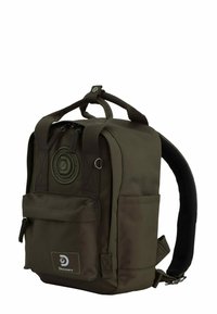 Olive green backpack made of durable fabric, featuring a front pocket, dual zipper closure, webbed handle, and padded shoulder straps.