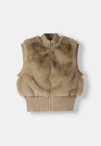 Beige Faux-Fur ärmellose Weste mit einem gerippten Stricksaum und hohem Kragen. Verfügt über einen zentralen Reißverschluss und eine weiche, strukturierte Oberfläche.