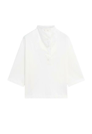 Witte overhemd met korte mouwen en een staande kraag, voorzien van een knoopsluiting en zachte, gladde katoenstof. Minimalistisch ontwerp en rechte snit.