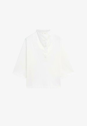 Vit kortärmad skjorta med mandarin-krage, med knapplist och mjukt, slätt bomullstyg. Minimalistisk design och rak skärning.