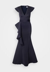 Robe de soirée bleu marine avec un décolleté en V profond, des manches courtes et une jupe ornée de volants fluides. Fabriquée en tissu structuré.