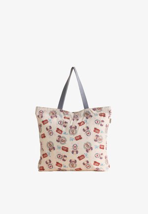 Bolsa tote crema con asas grises con estampados coloridos con temática de Londres de autobuses de dos pisos y escudos decorativos.