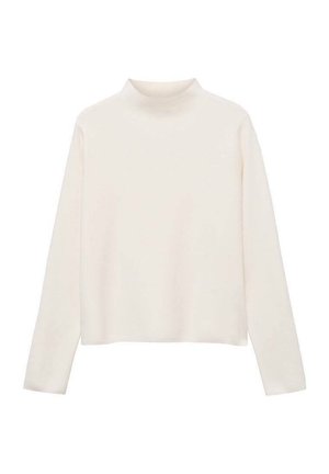 Langærmet hvid rullekravesweater med lige kant og enkelt, ensfarvet design mod en hvid baggrund.