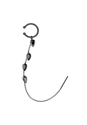 Bague d'oreille en métal noir avec quatre perles en forme de goutte suspendues à une chaîne et un fin bâtonnet métallique attaché à l'extrémité de la chaîne.