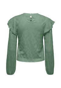 Blouse vert clair à manches longues avec une texture florale subtile, des détails à volants sur les épaules et une petite fermeture à bouton dans le dos du col.