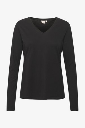 Zwart langemouwen V-hals top van zacht materiaal met een ontspannen pasvorm. Bevat minimale naden en een standaard zoomlijn. Geen patronen of accenten.