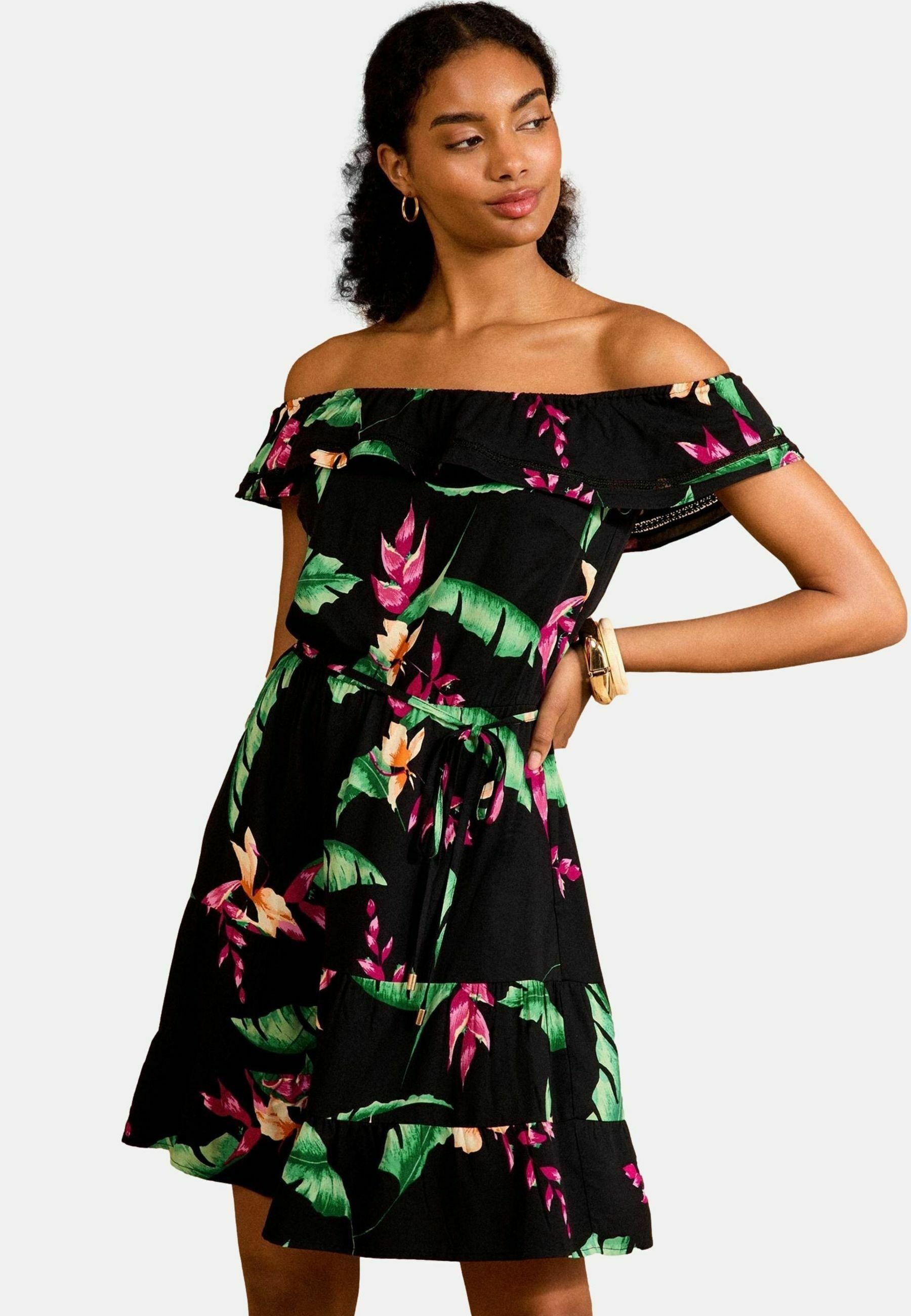 Love & Roses BARDOT RUFFLE MINI - Day dress - black tropical/black - Zalando