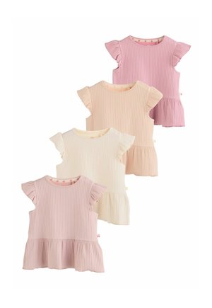 Patru rochii scurte pentru bebeluși, cu mâneci scurte, cu dungi, cu umeri cu volane și tivuri peplum, în culori roz, crem, roz deschis și mauve, așezate într-un rând decalajat.