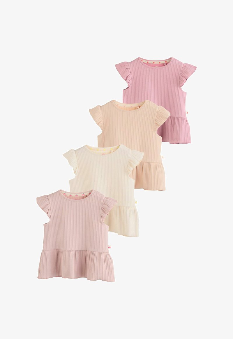Četiri paraćaste haljinice za bebe s kratkim rukavima, naboranim ramenima i peplum rubovima u ružičastoj, krem, svijetlo rozoj i mauve boji, posložene u pomaknutom redu.