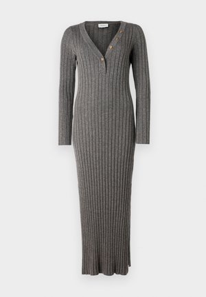 Robe grise à côtes avec des manches longues, décolleté en V profond et trois boutons décoratifs à l'avant. Possède une silhouette moulante et une longueur jusqu'aux chevilles.