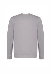 Grå sweatshirt med långa ärmar, ribbad halsringning och mudd, mjuk textur och en bakre sömdetalj. Enkel design utan synliga logotyper eller mönster.