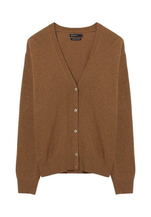 Cardigan in misto cashmere marrone con scollo a V, chiusura a bottoni e orlo a coste. Texture morbida con una vestibilità rilassata e un leggero luccichio.