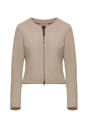 Giacca beige realizzata in materiale liscio, con scollo rotondo, chiusura frontale con zip e maniche lunghe con silhouette aderente.