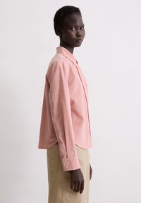 Light pink button-up shirt made of cotton with a straight cut, long sleeves, and a curved hem. The design features a classic collar and cuff buttons.