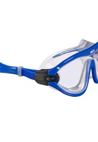 Blauwe snorkelbril met heldere lenzen. Zachte siliconen afdichting en verstelbare riem. Heeft een ergonomisch ontwerp en een stevig frame met zwarte accenten.