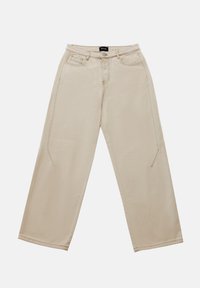 Beige wide-leg pants made from cotton with a smooth texture. Features front pockets and a button closure at the waist.